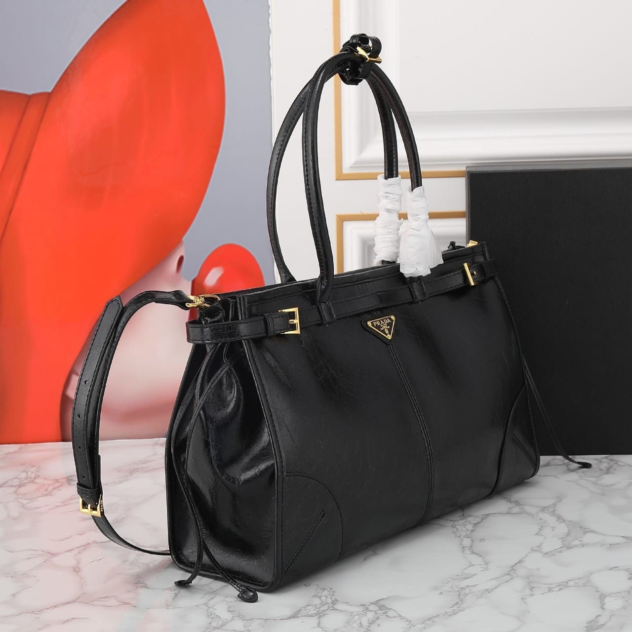 Prada Bonnie Large Leather Handbag Black 38cm 1BA433 2CYR F0002 V MOO - Image 3