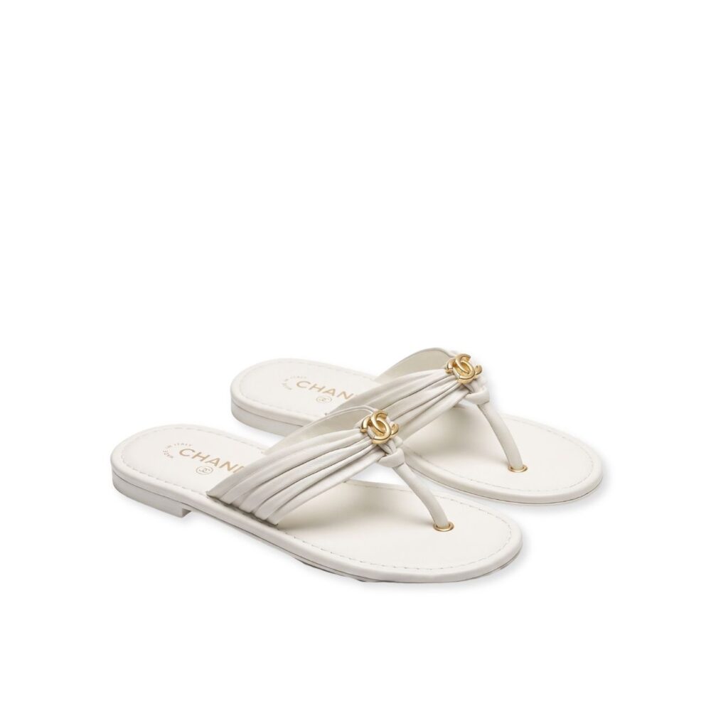 Chanel CC Leather Thong Sandals White