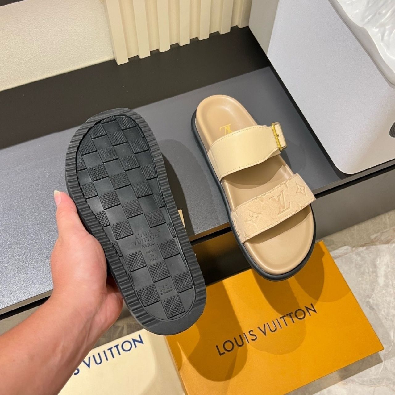 Louis Vuitton Monogram Embossed Double Strap Slide Sandals Beige - Image 3