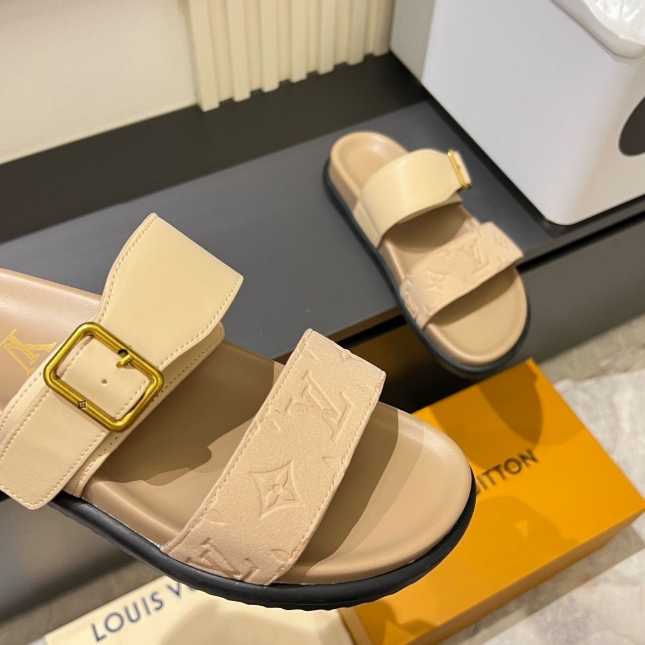 Louis Vuitton Monogram Embossed Double Strap Slide Sandals Beige - Image 9