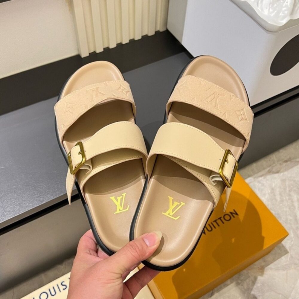 Alternative view of Louis Vuitton Monogram Embossed Double Strap Slide Sandals Beige