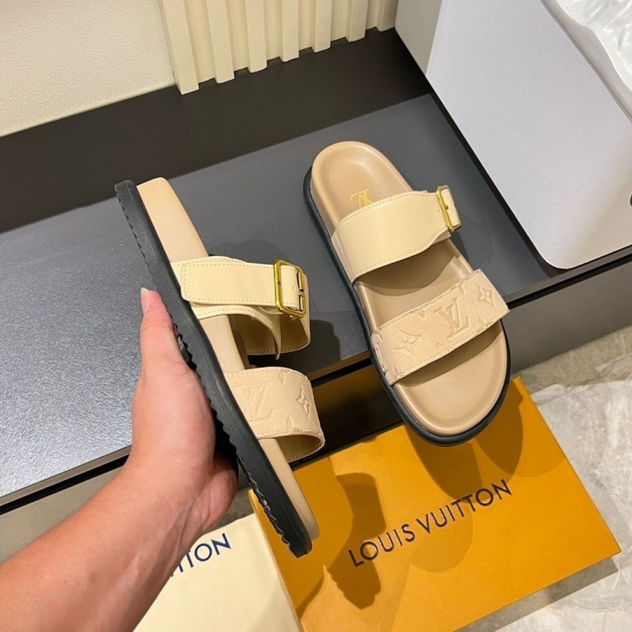 Louis Vuitton Monogram Embossed Double Strap Slide Sandals Beige - Image 8