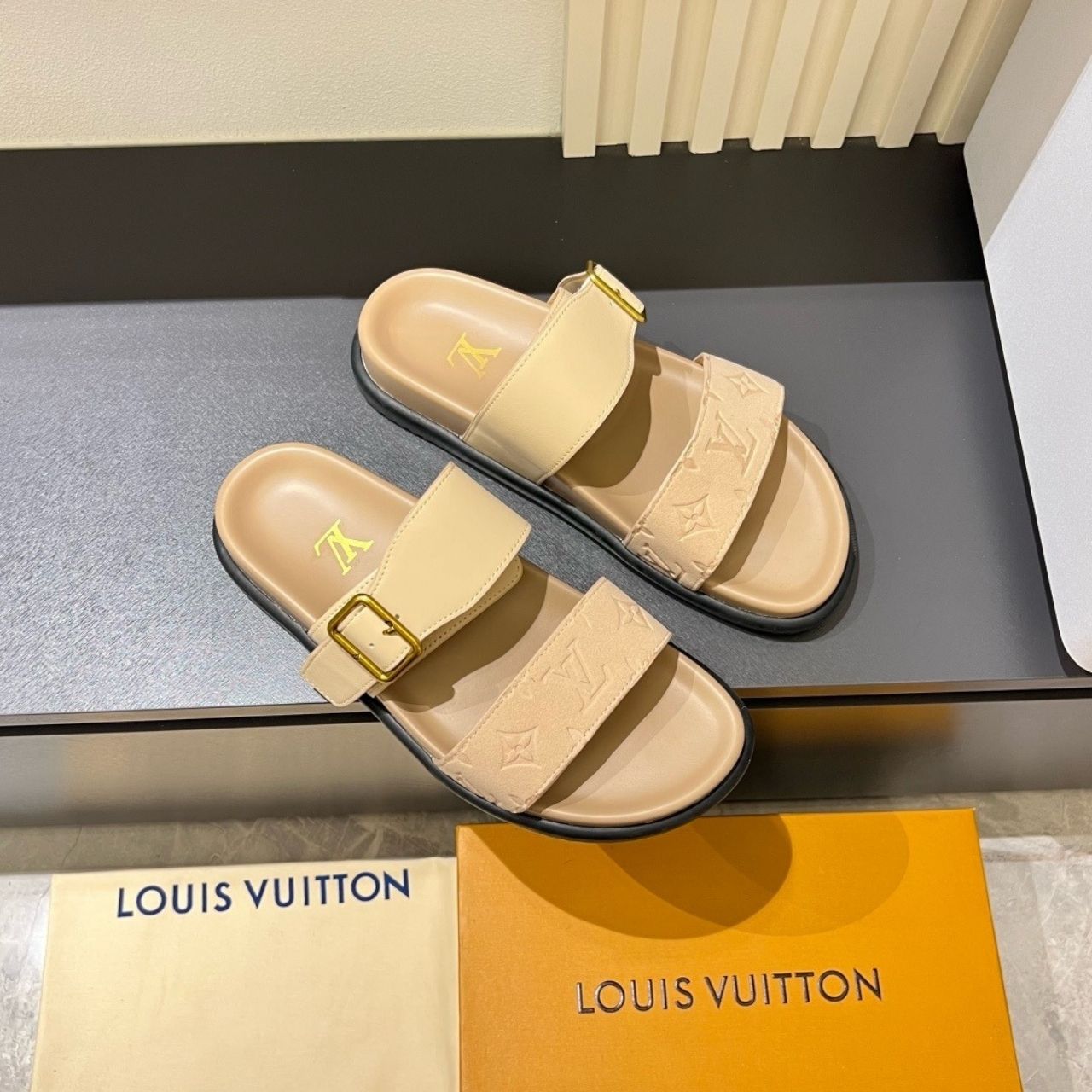 Louis Vuitton Monogram Embossed Double Strap Slide Sandals Beige - Image 7