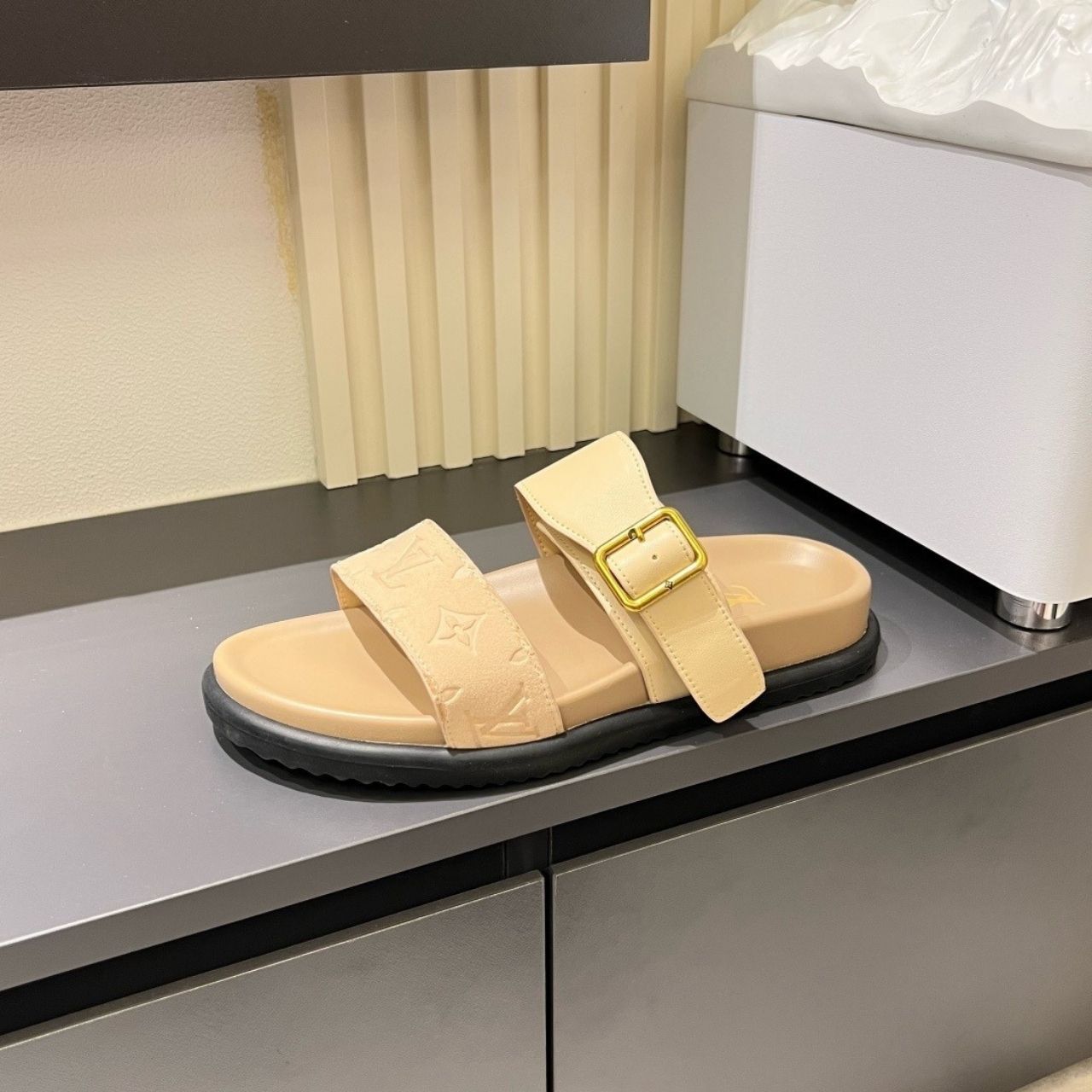 Louis Vuitton Monogram Embossed Double Strap Slide Sandals Beige - Image 6