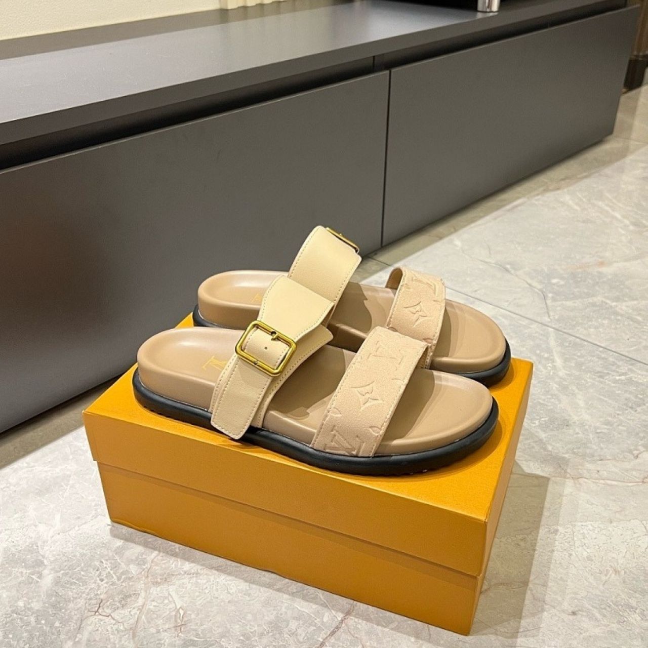 Louis Vuitton Monogram Embossed Double Strap Slide Sandals Beige - Image 5