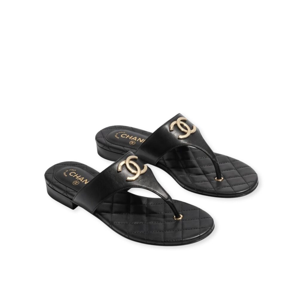 Chanel CC Quilted Leather Thong Sandals Black