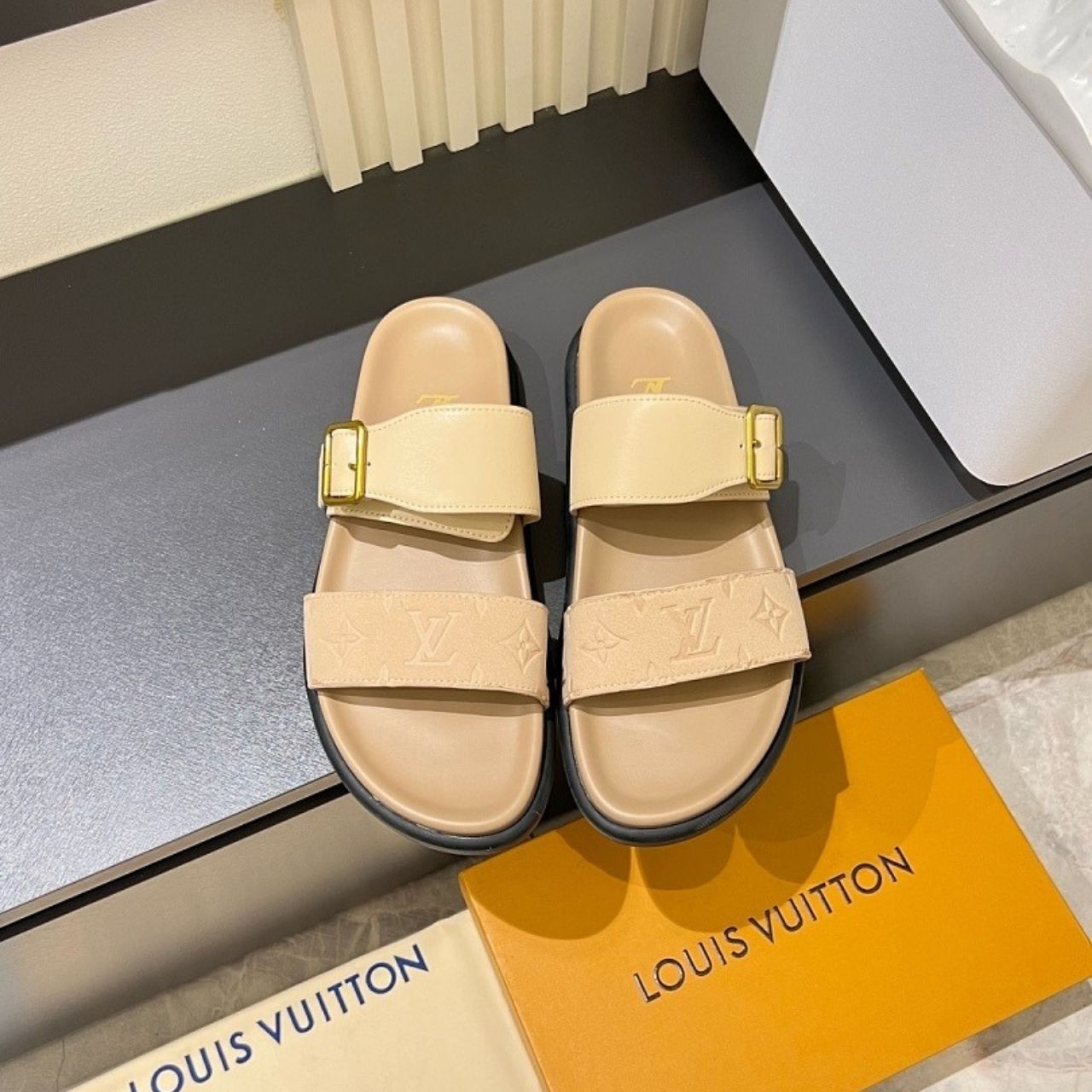 Louis Vuitton Monogram Embossed Double Strap Slide Sandals Beige - Image 4