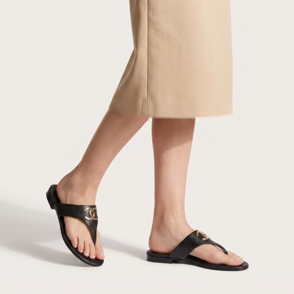 Alternative view of Chanel CC Quilted Leather Thong Sandals Black