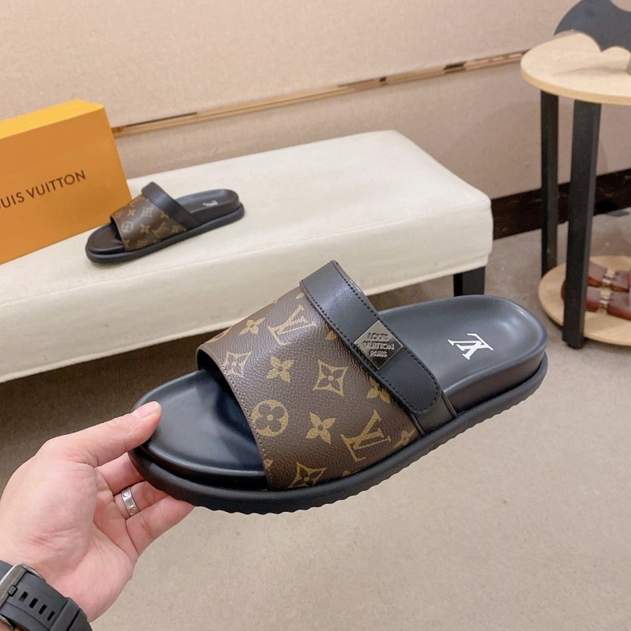 Louis Vuitton Monogram Pool Slide Sandals Brown Black - Image 9