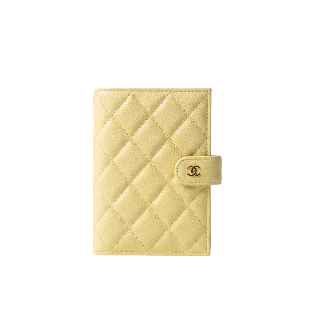 Chanel Classic Passport Holder Grained Shiny Calfskin Gold Tone Metal Light Yellow 15cm