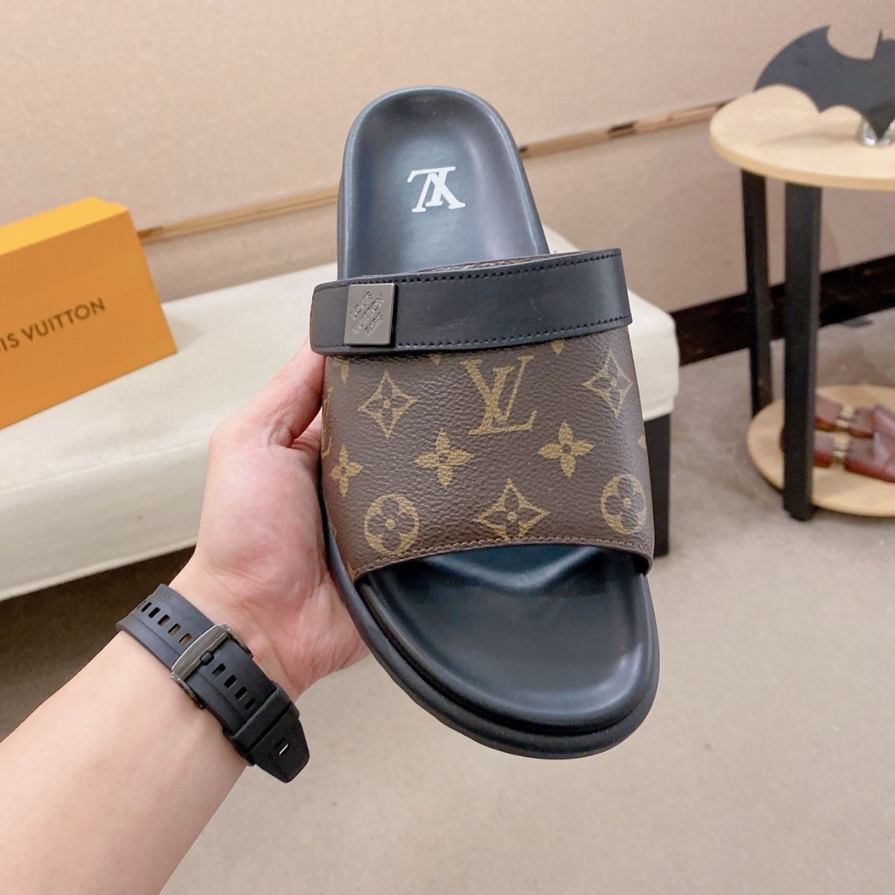 Louis Vuitton Monogram Pool Slide Sandals Brown Black - Image 8