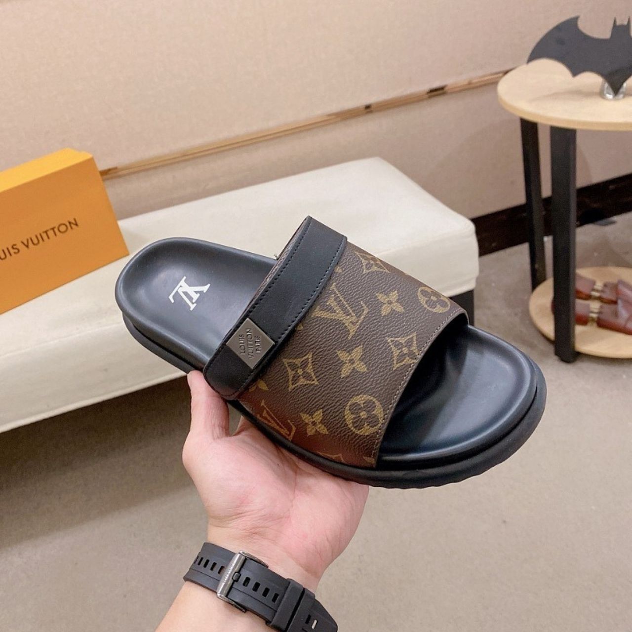 Louis Vuitton Monogram Pool Slide Sandals Brown Black - Image 7