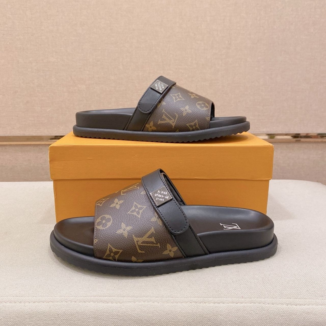 Louis Vuitton Monogram Pool Slide Sandals Brown Black - Image 6
