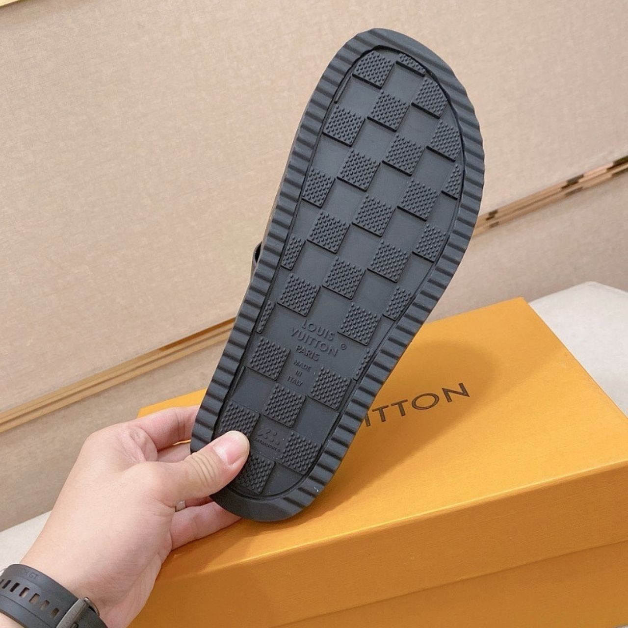 Louis Vuitton Monogram Pool Slide Sandals Brown Black - Image 5