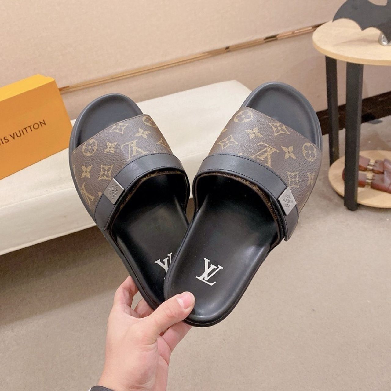 Louis Vuitton Monogram Pool Slide Sandals Brown Black - Image 4