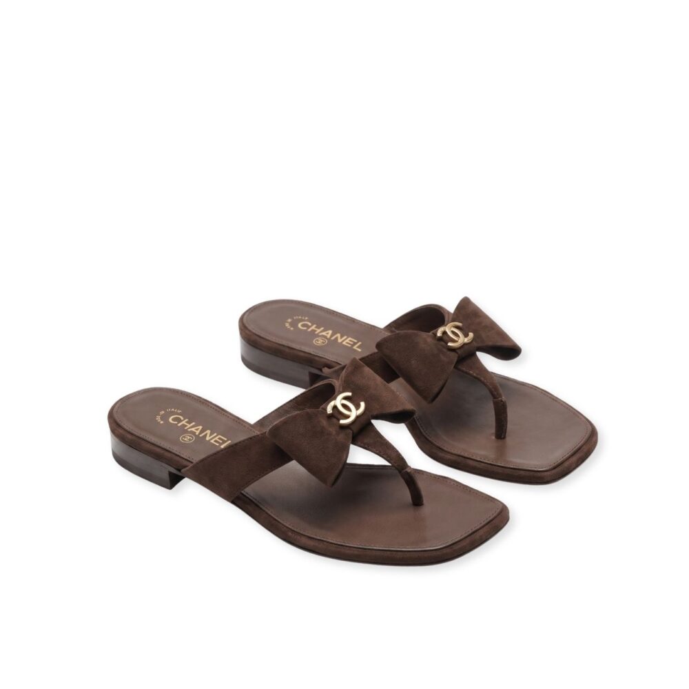 Chanel CC Bow Suede Thong Sandals Brown