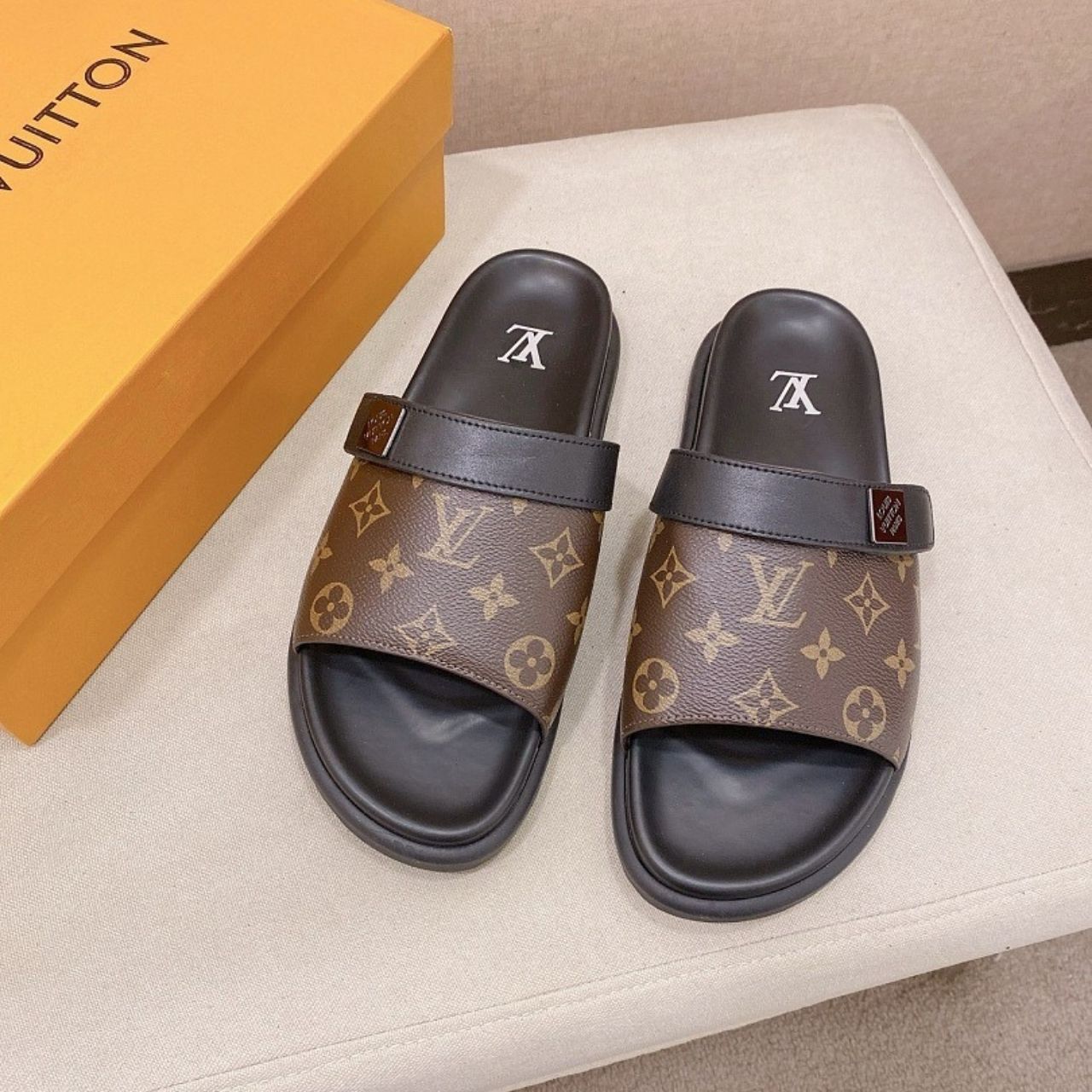 Louis Vuitton Monogram Pool Slide Sandals Brown Black - Image 3