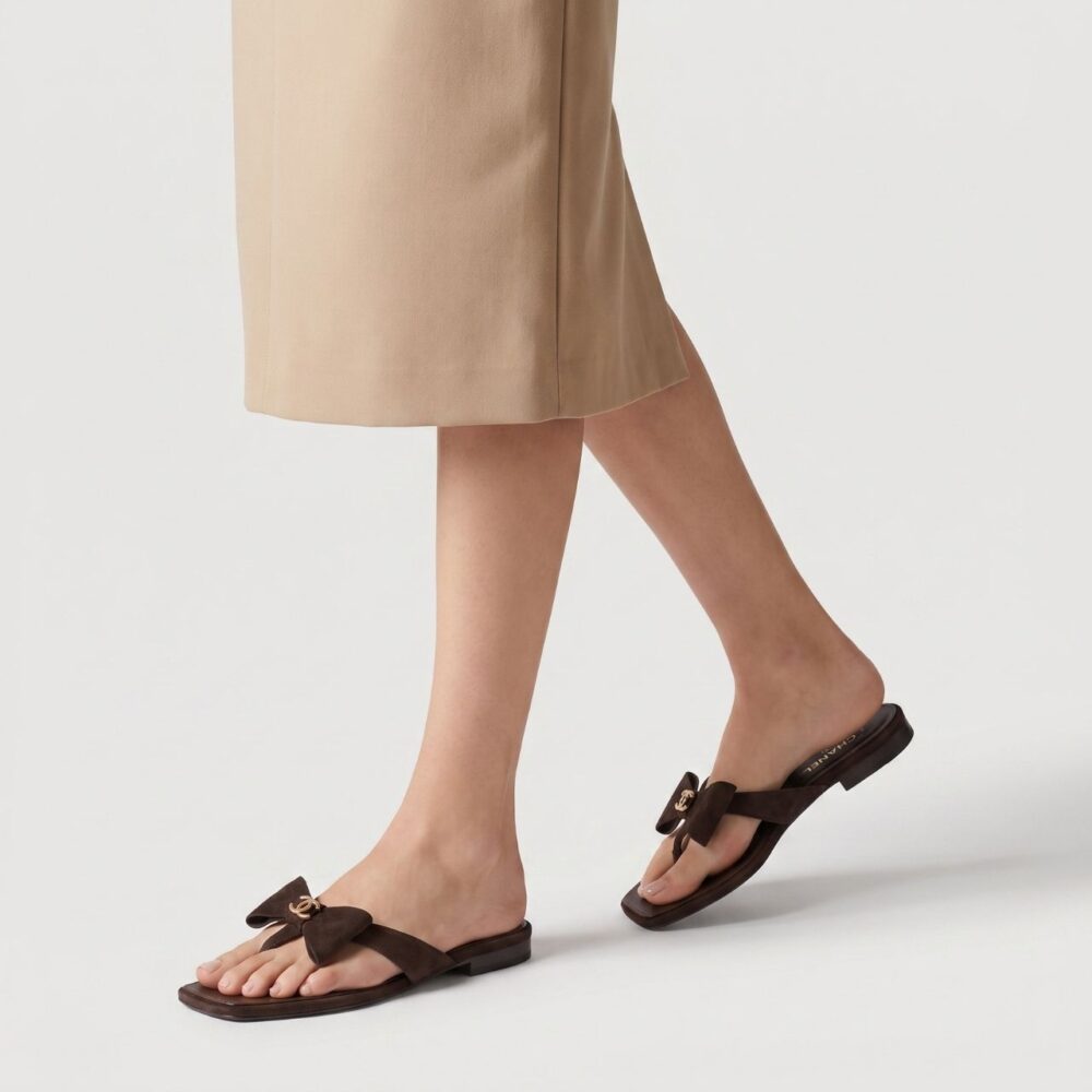 Alternative view of Chanel CC Bow Suede Thong Sandals Brown