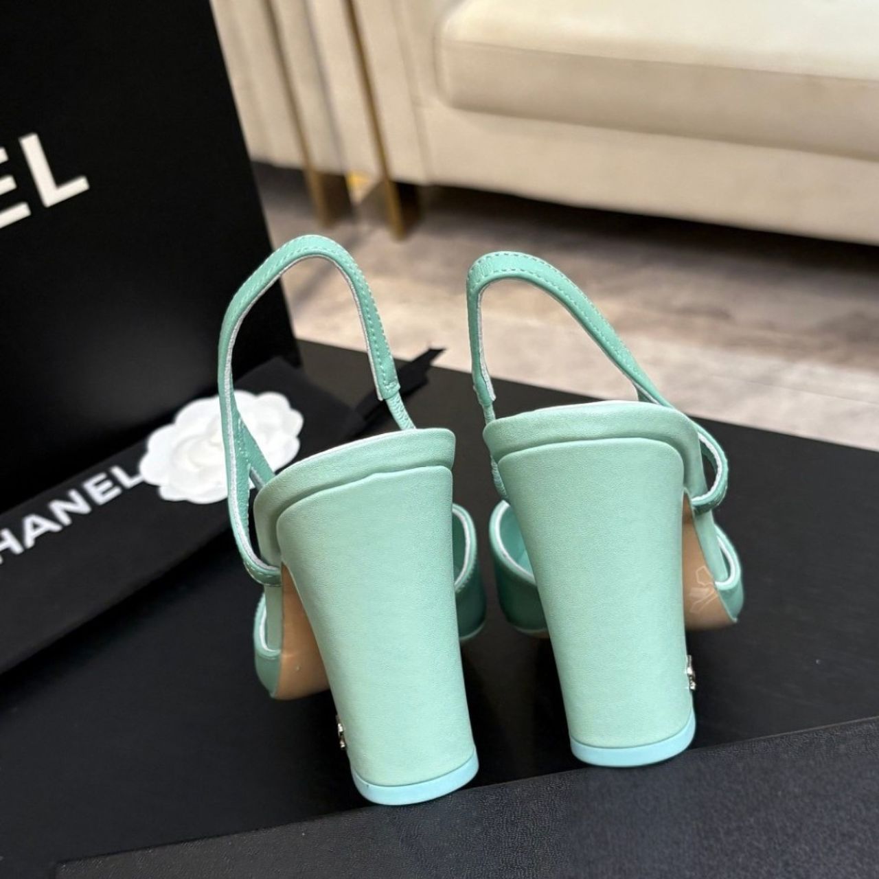 Chanel Slingbacks Mint Green White - Image 3