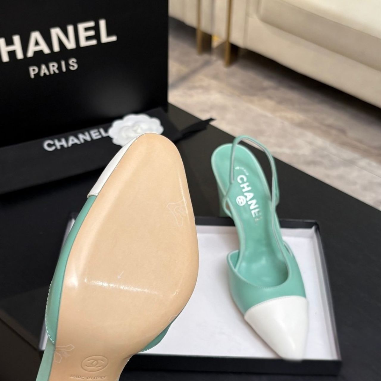 Chanel Slingbacks Mint Green White - Image 4