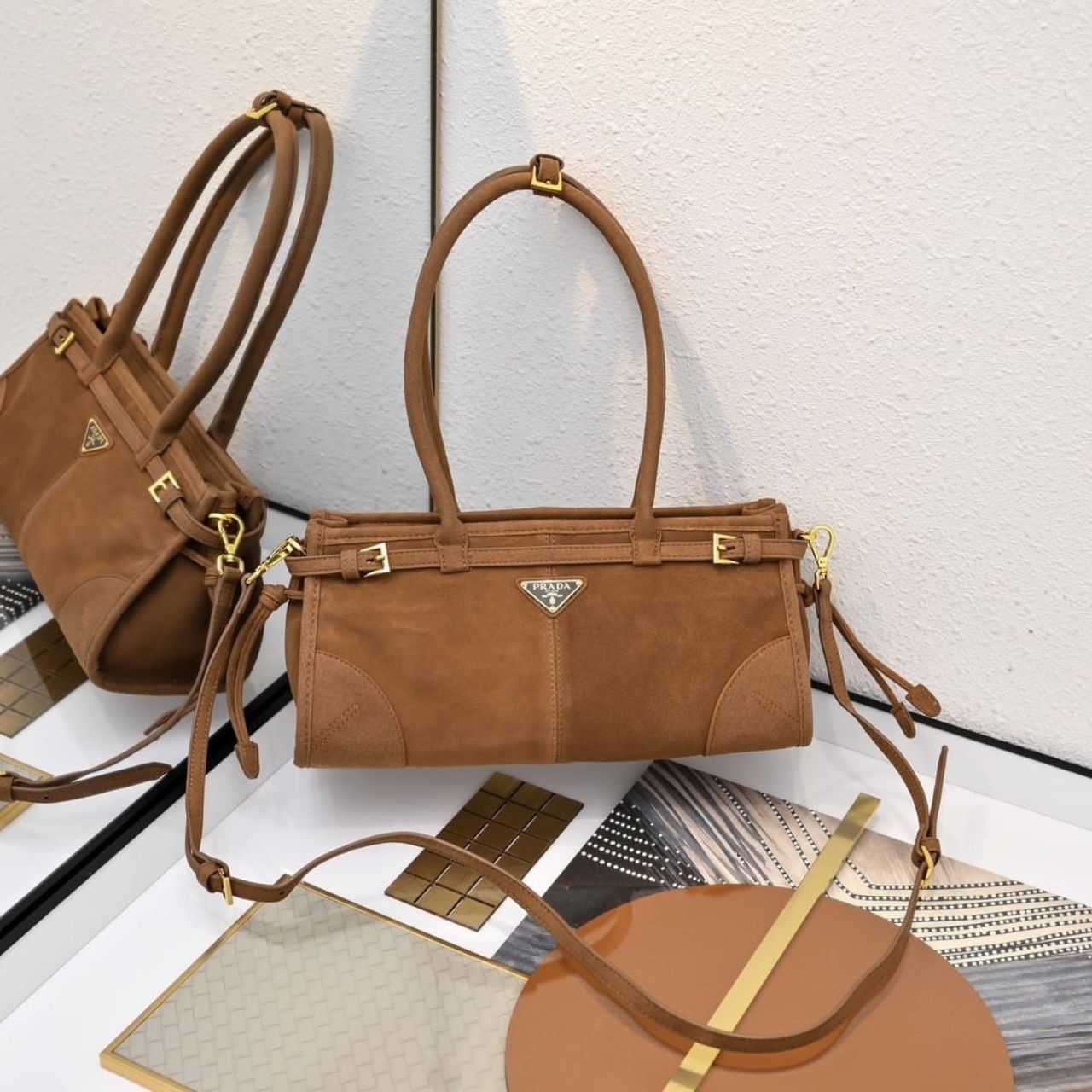 Prada Bonnie Medium Suede Handbag Cinnamon 32cm 1BA426 2C4S F0401 V MOO - Image 6