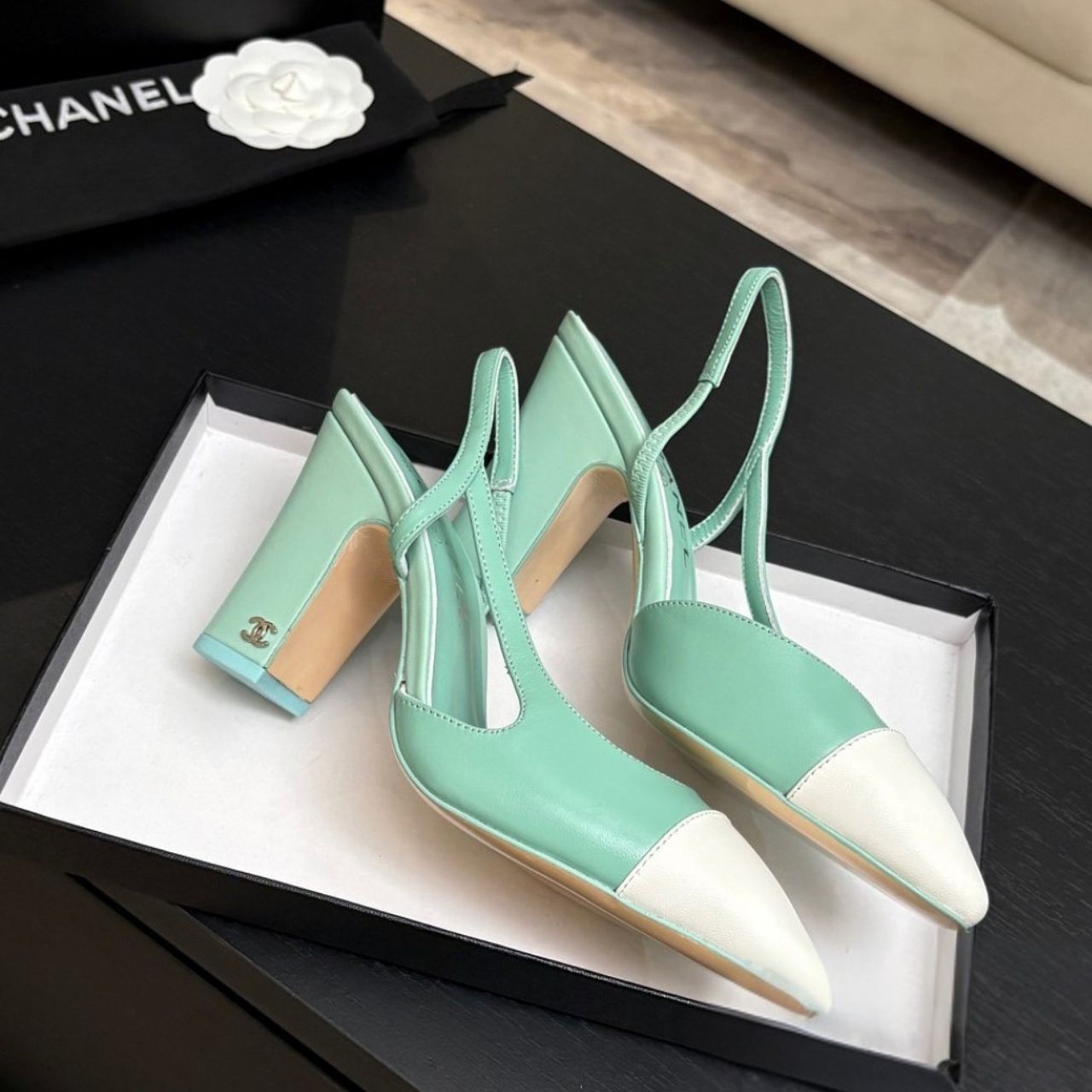 Chanel Slingbacks Mint Green White - Image 5