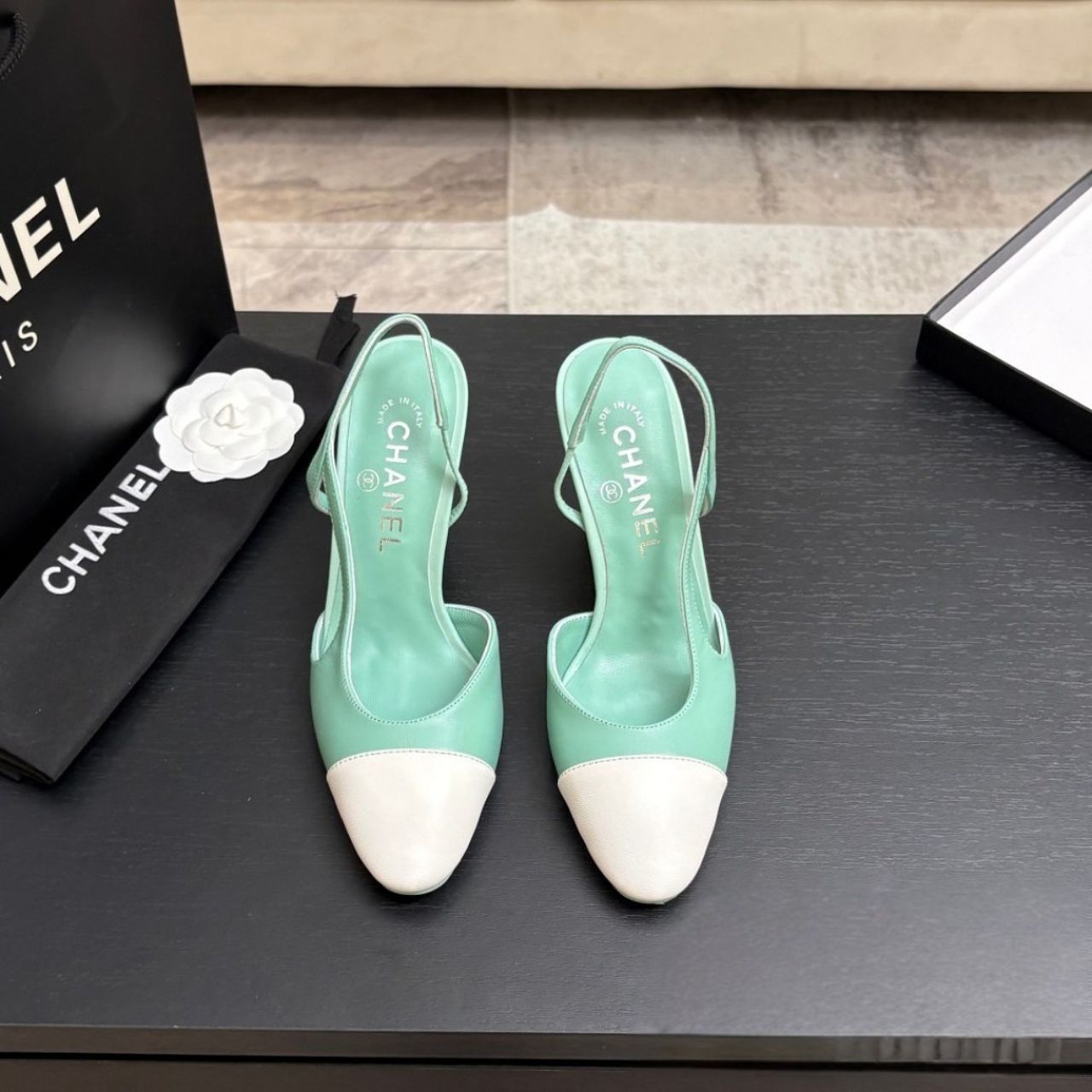 Chanel Slingbacks Mint Green White - Image 6