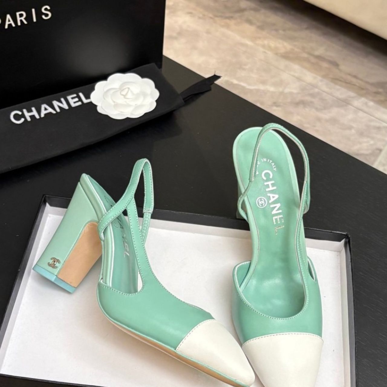 Chanel Slingbacks Mint Green White - Image 7