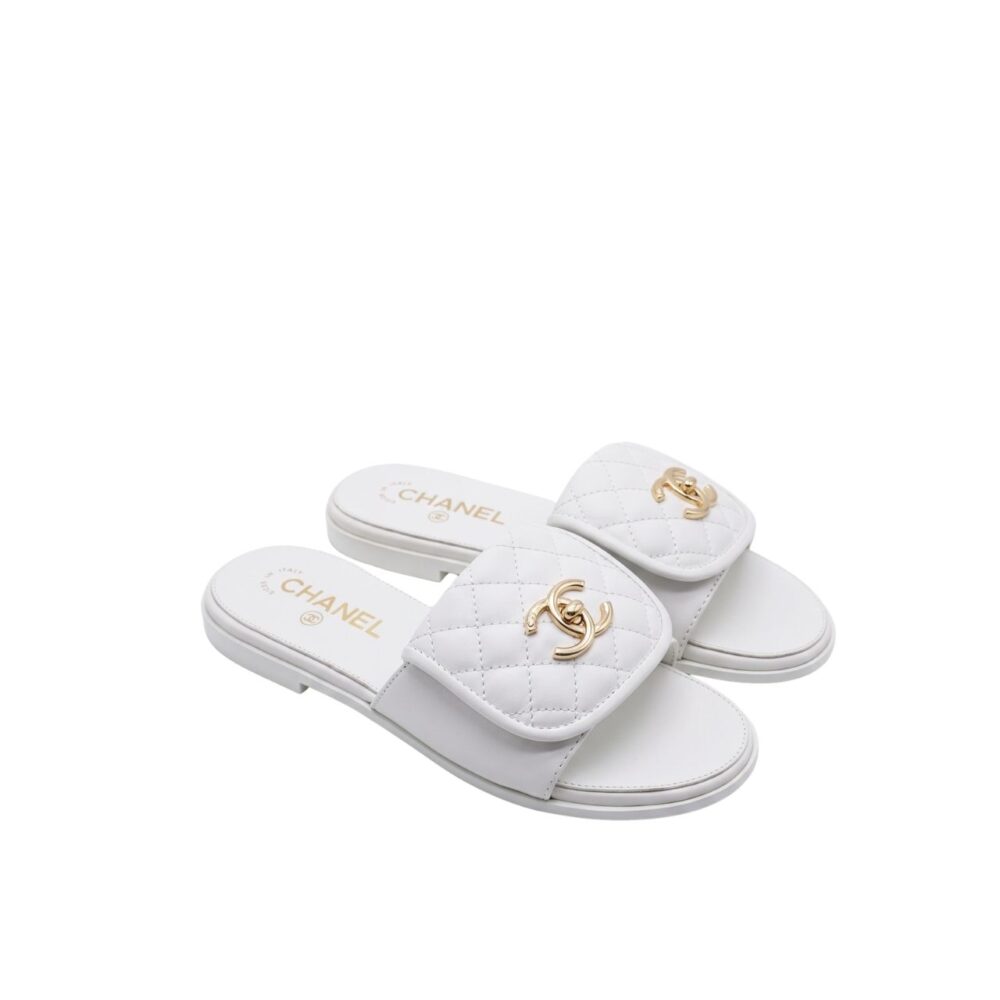 Chanel Quilted Turnlock Flat Mules White