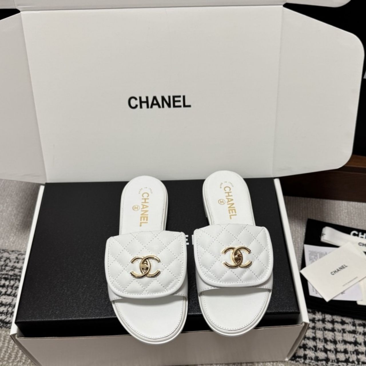 Chanel Quilted Turnlock Flat Mules White - Image 4