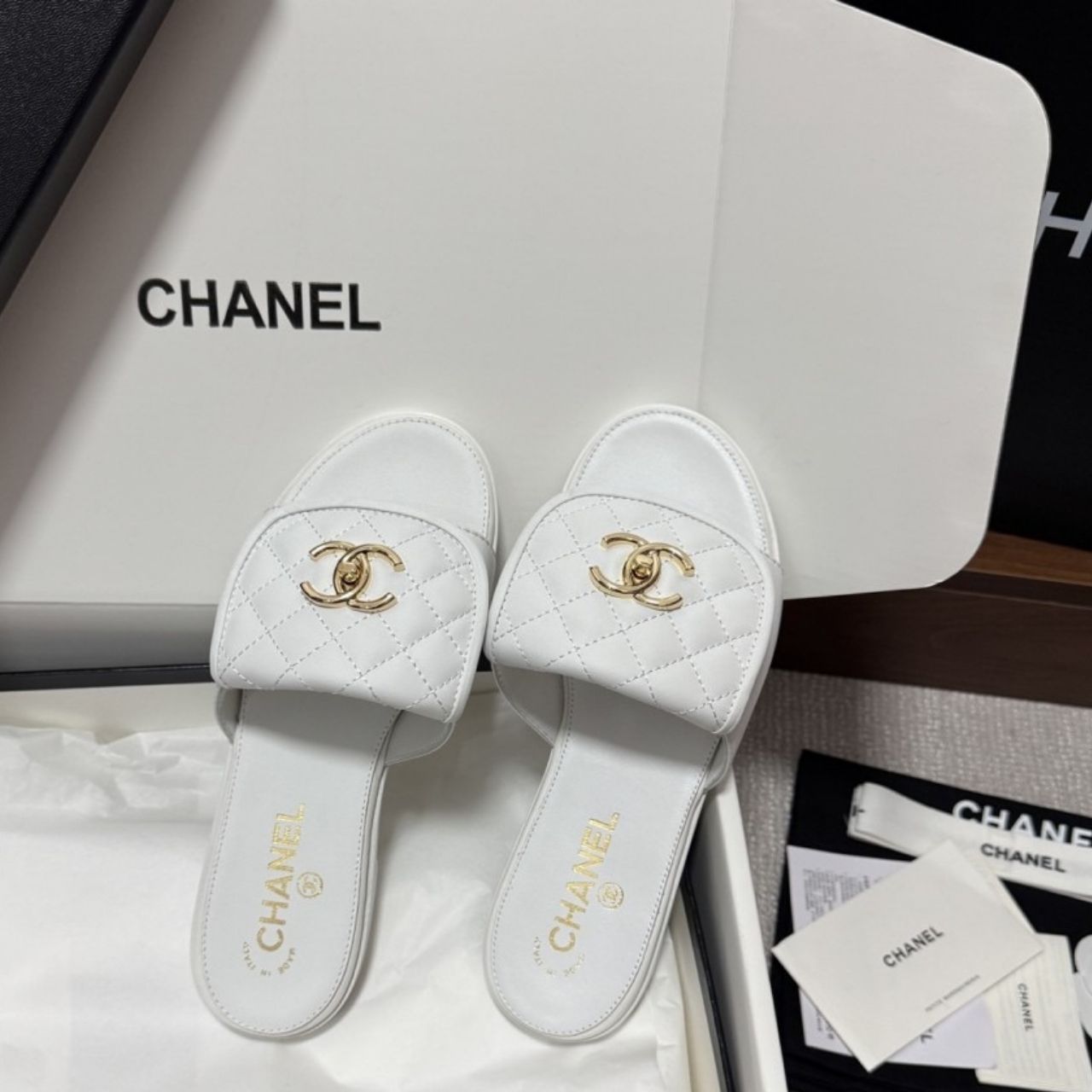 Chanel Quilted Turnlock Flat Mules White - Image 3