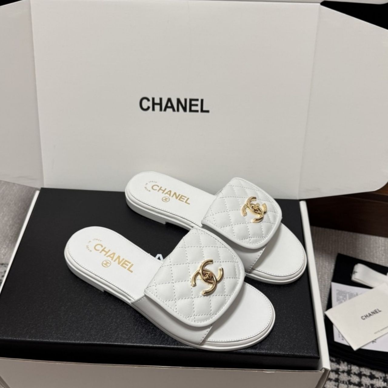 Chanel Quilted Turnlock Flat Mules White - Image 2
