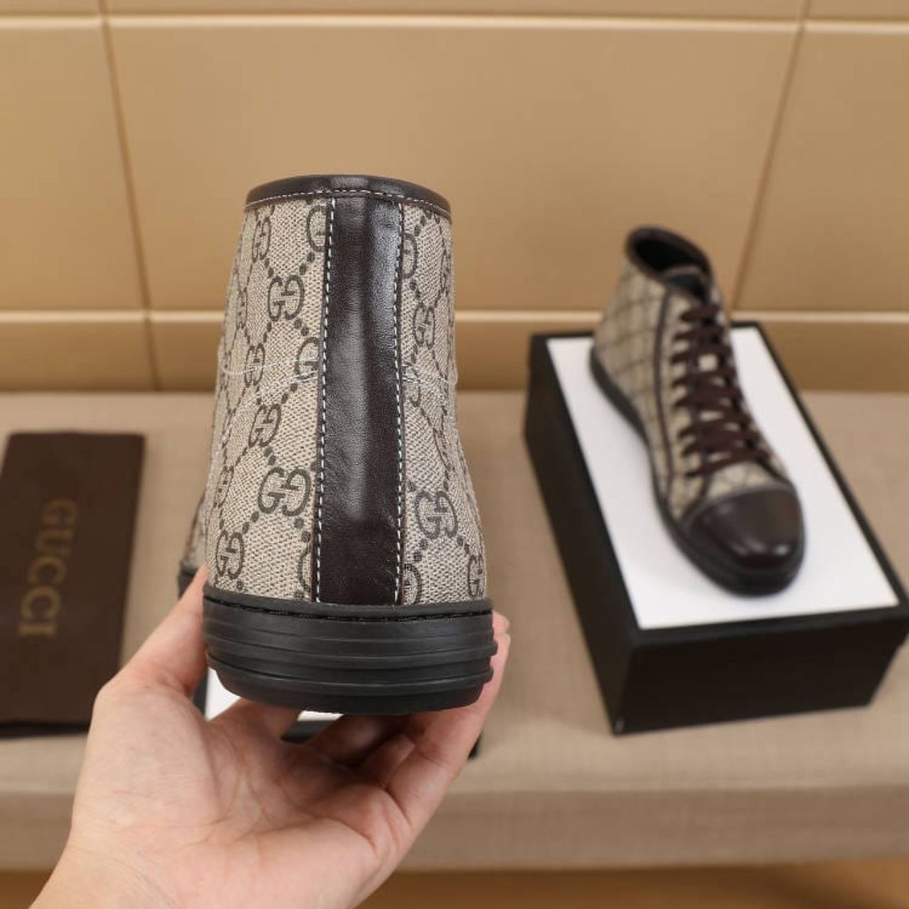 Gucci Brown Monogram High Top Canvas Sneakers - Image 3