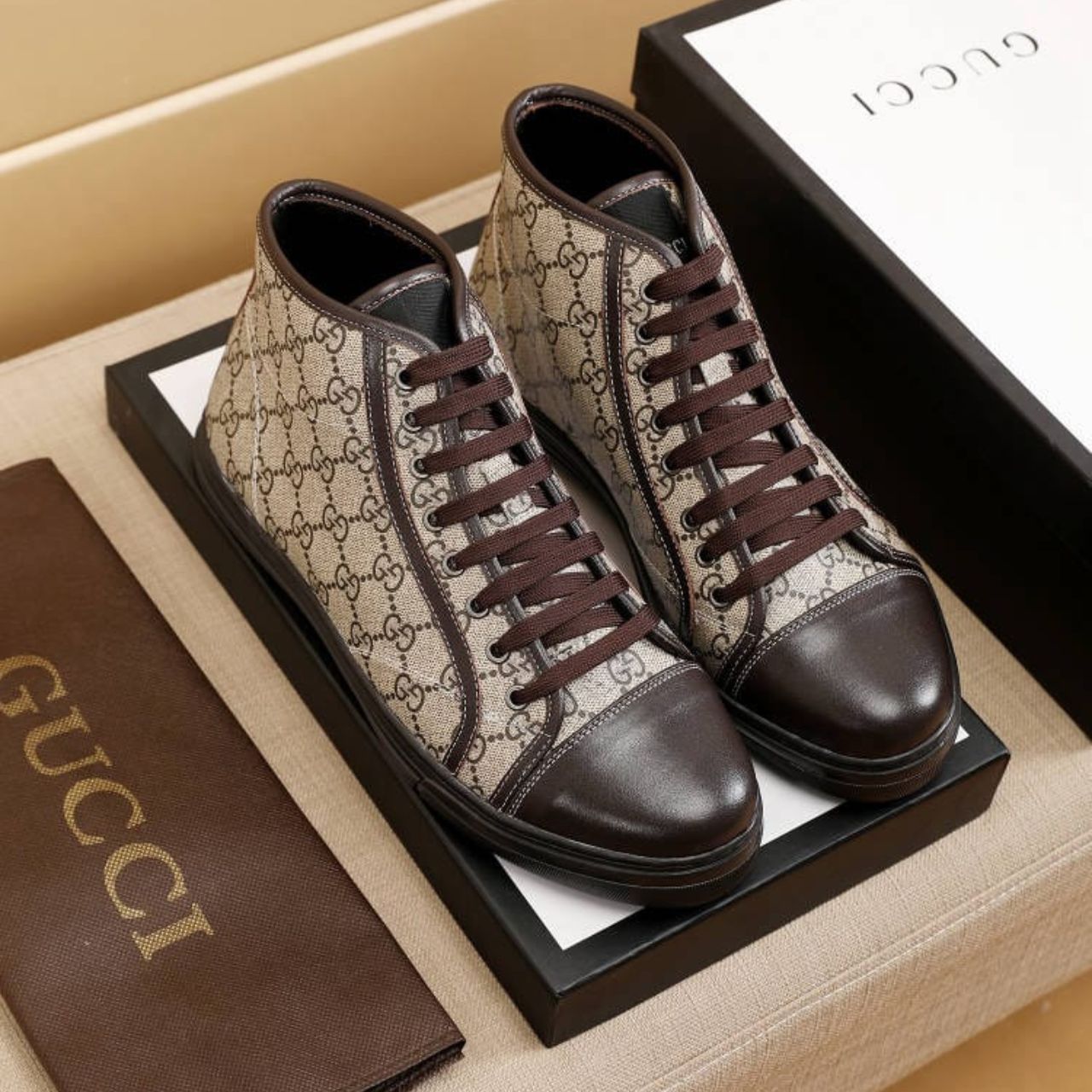 Gucci Brown Monogram High Top Canvas Sneakers - Image 4