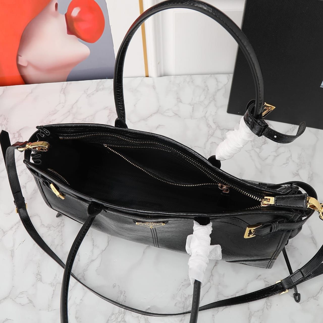 Prada Bonnie Large Leather Handbag Black 38cm 1BA433 2CYR F0002 V MOO - Image 10