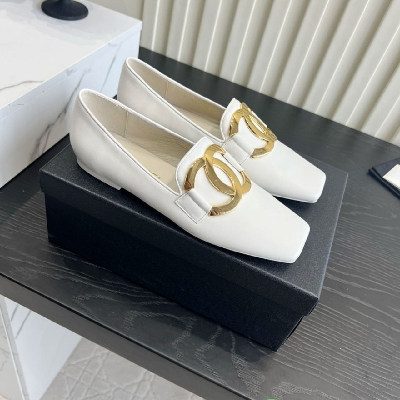 Chanel Square Toe Large CC Buckle Loafers White - Image 2