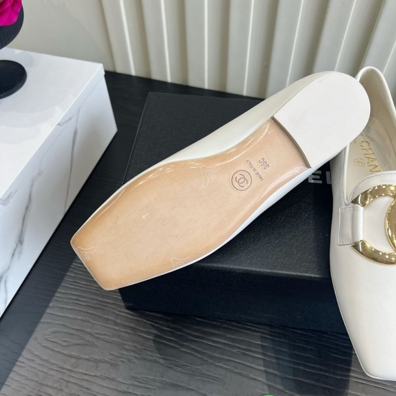 Chanel Square Toe Large CC Buckle Loafers White - Image 3