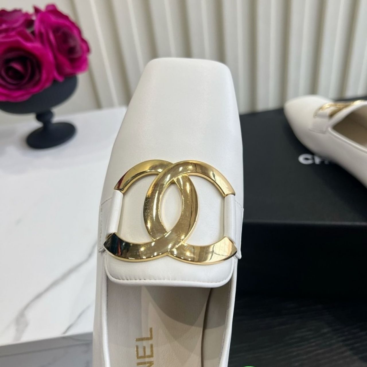 Chanel Square Toe Large CC Buckle Loafers White - Image 4