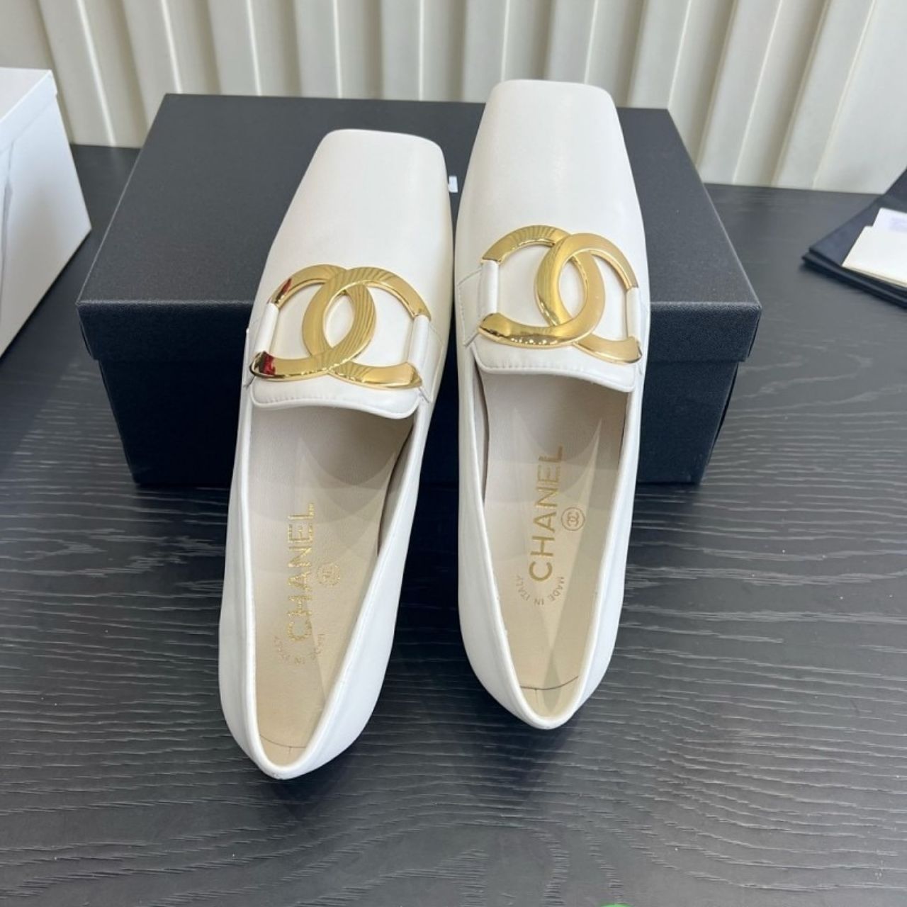 Chanel Square Toe Large CC Buckle Loafers White - Image 5