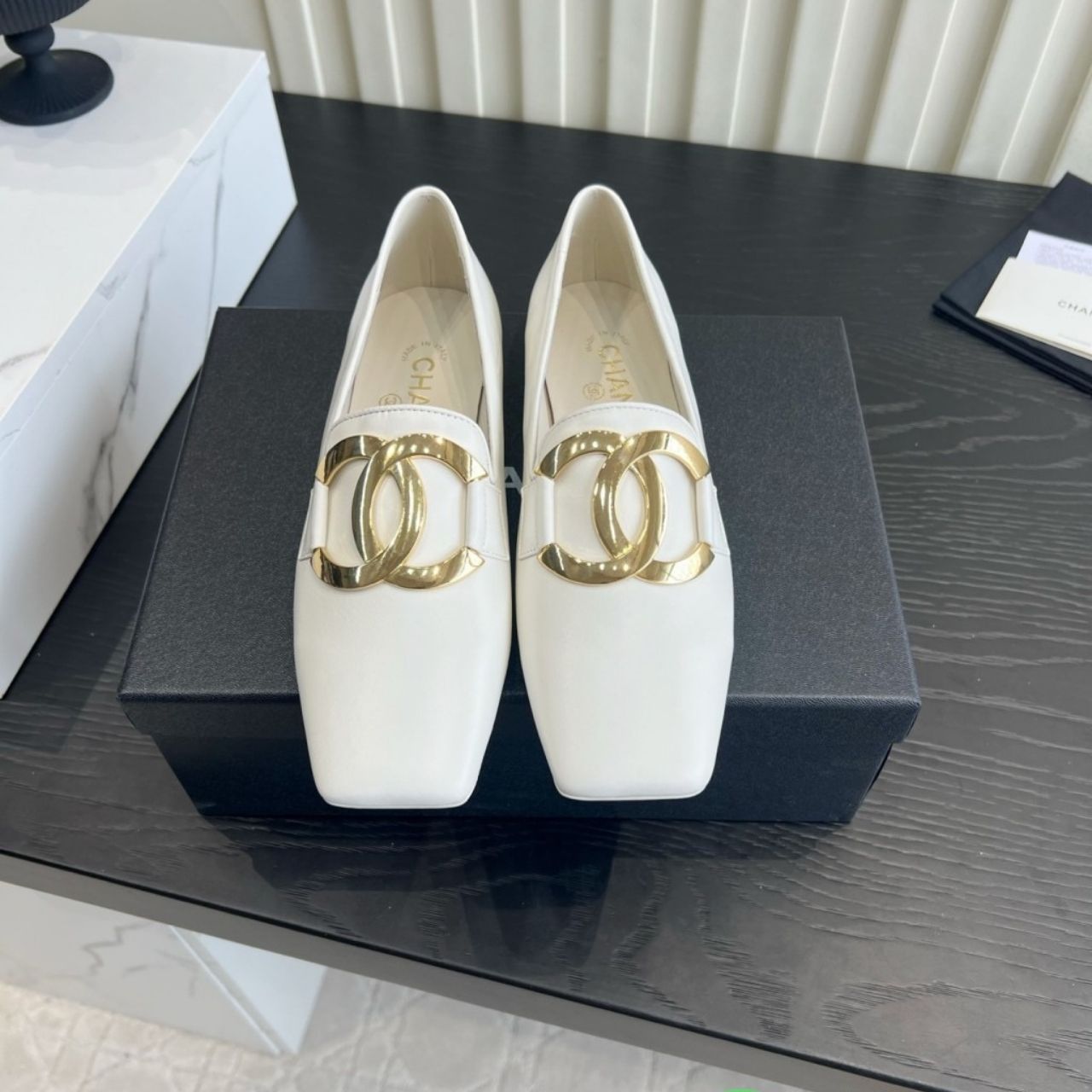 Chanel Square Toe Large CC Buckle Loafers White - Image 6