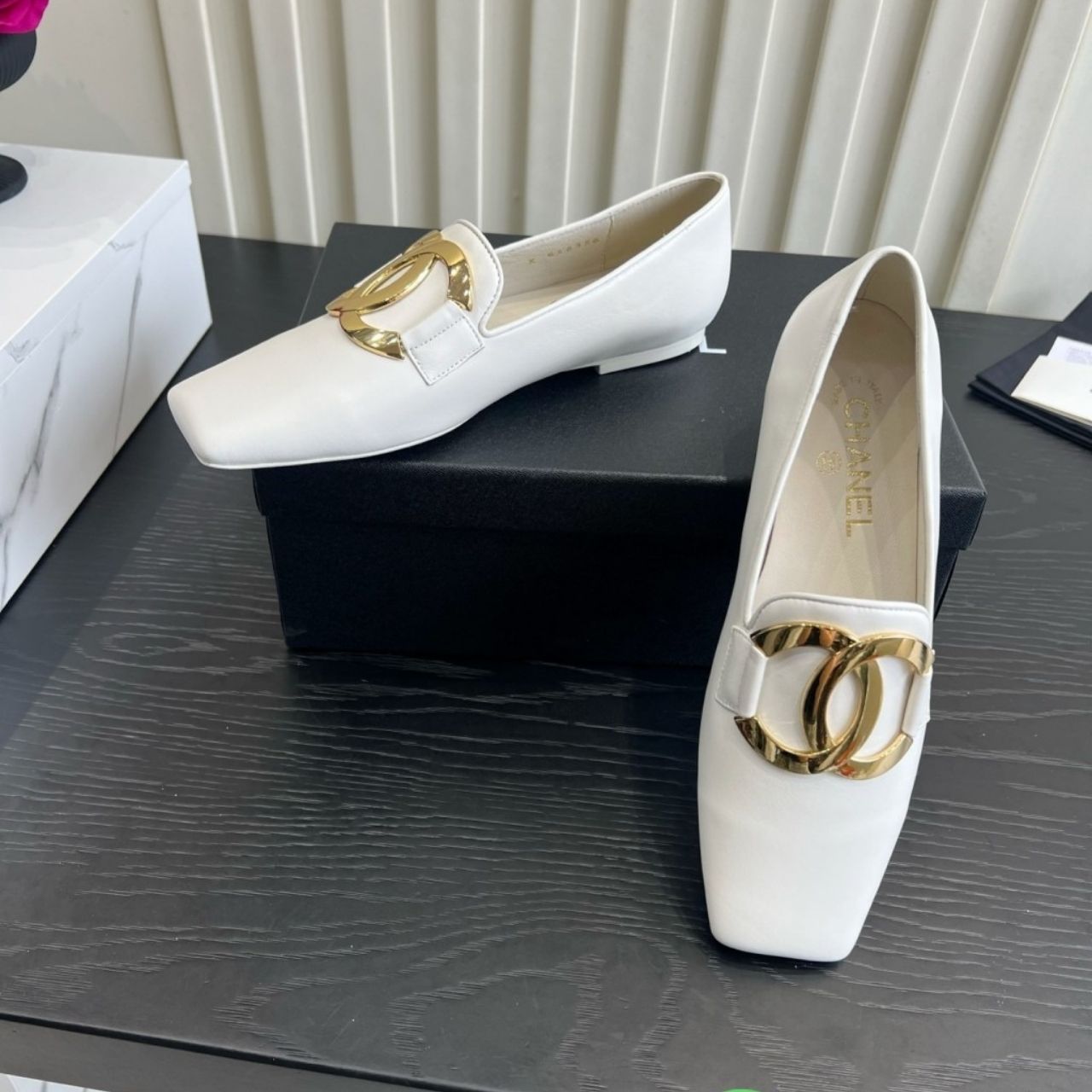 Chanel Square Toe Large CC Buckle Loafers White - Image 7