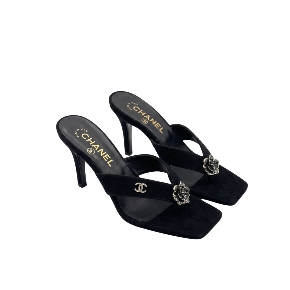 Chanel Jewel Camellia Heeled Thong Sandals Black