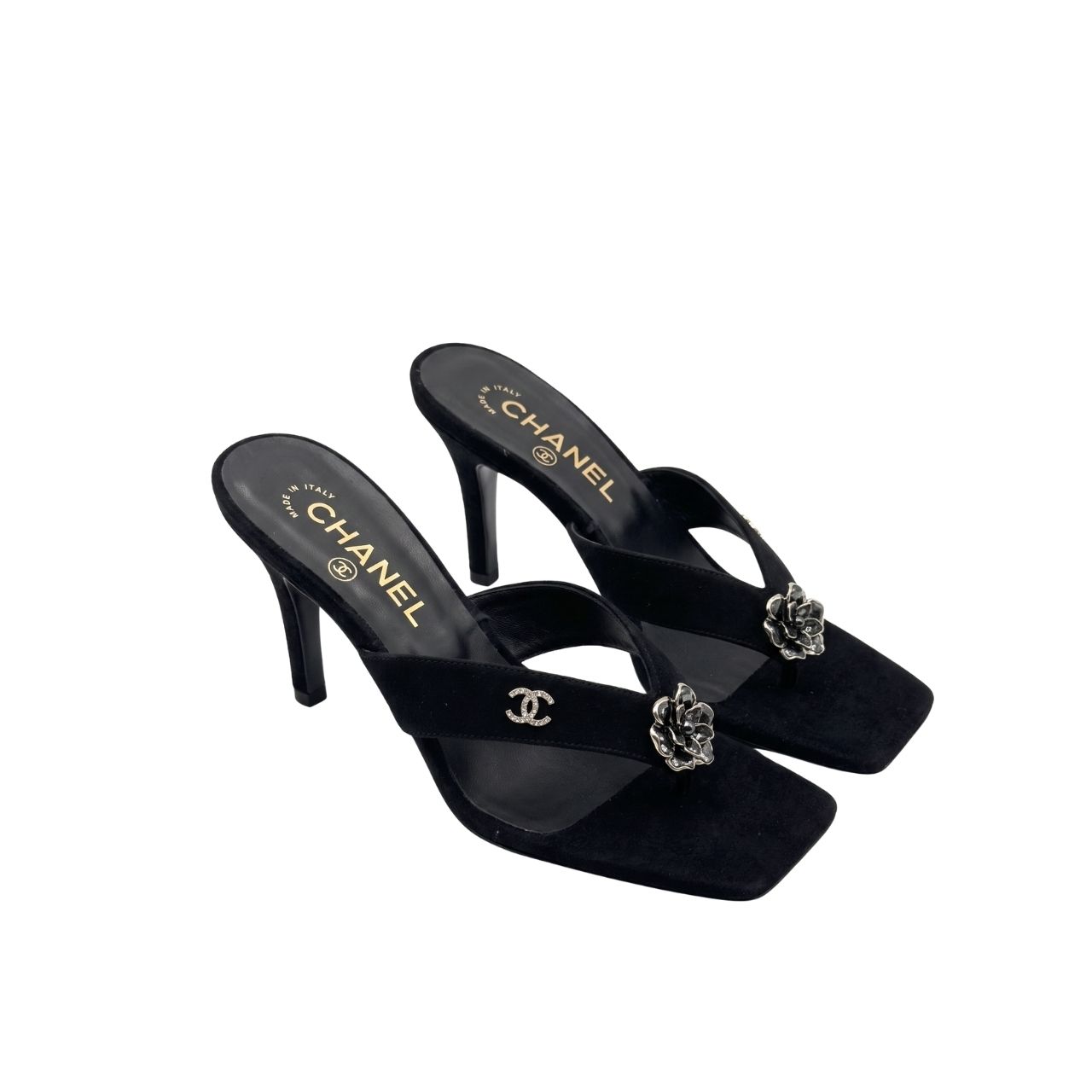 Chanel Jewel Camellia Heeled Thong Sandals Black