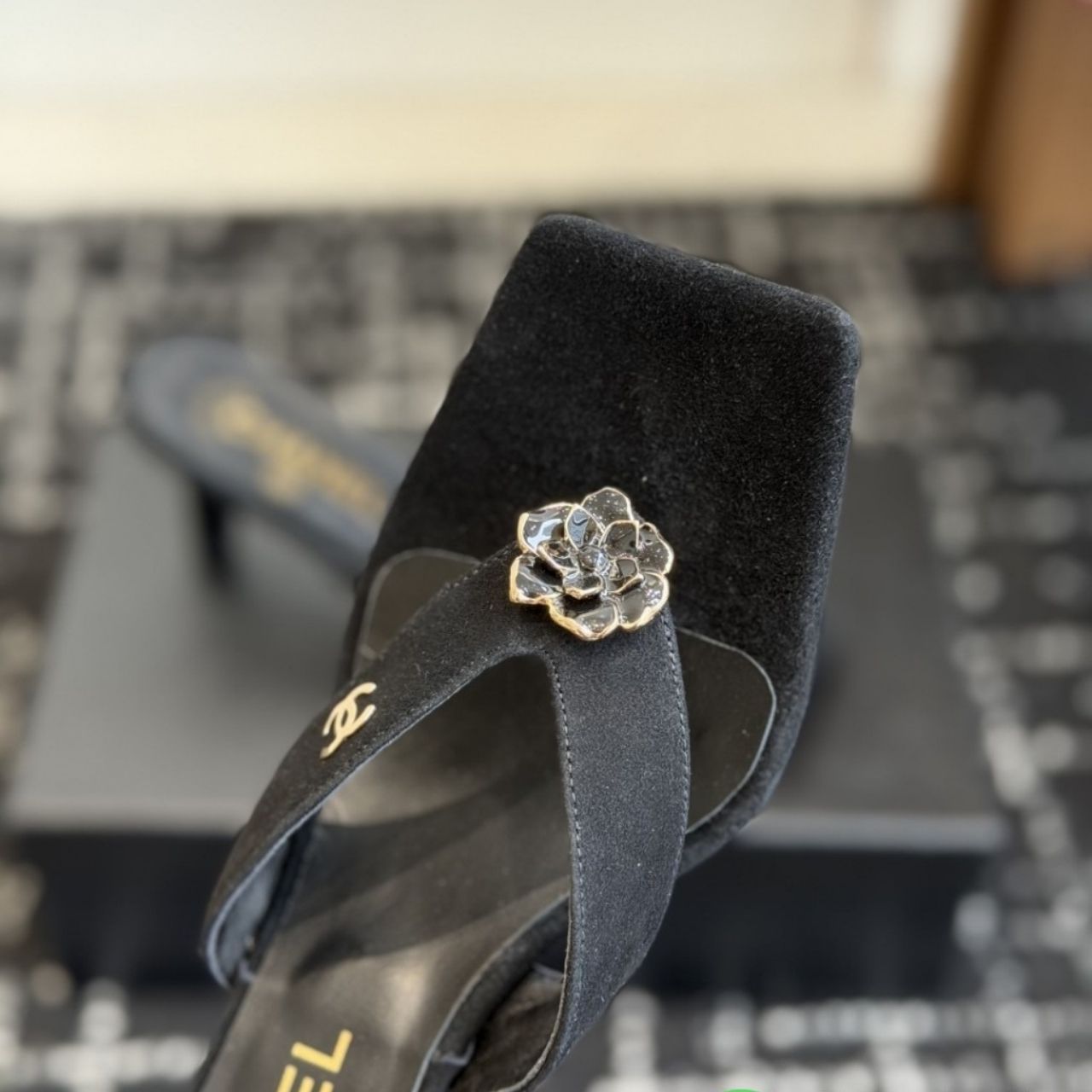Chanel Jewel Camellia Heeled Thong Sandals Black - Image 7