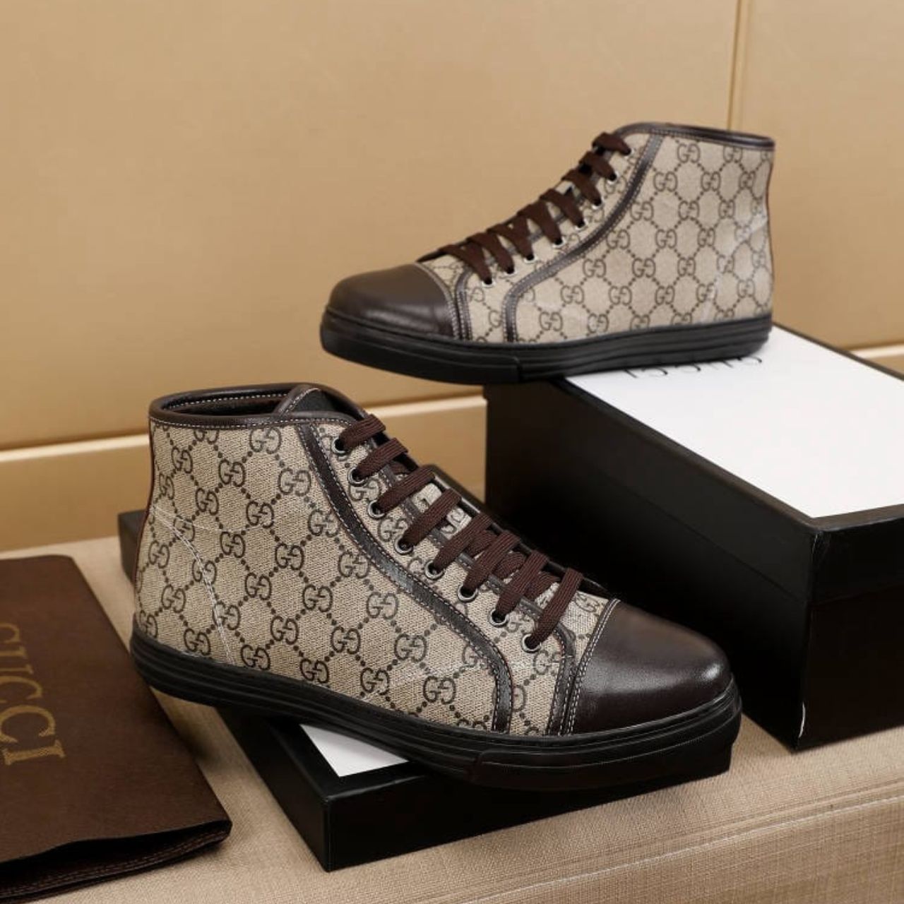 Gucci Brown Monogram High Top Canvas Sneakers - Image 5