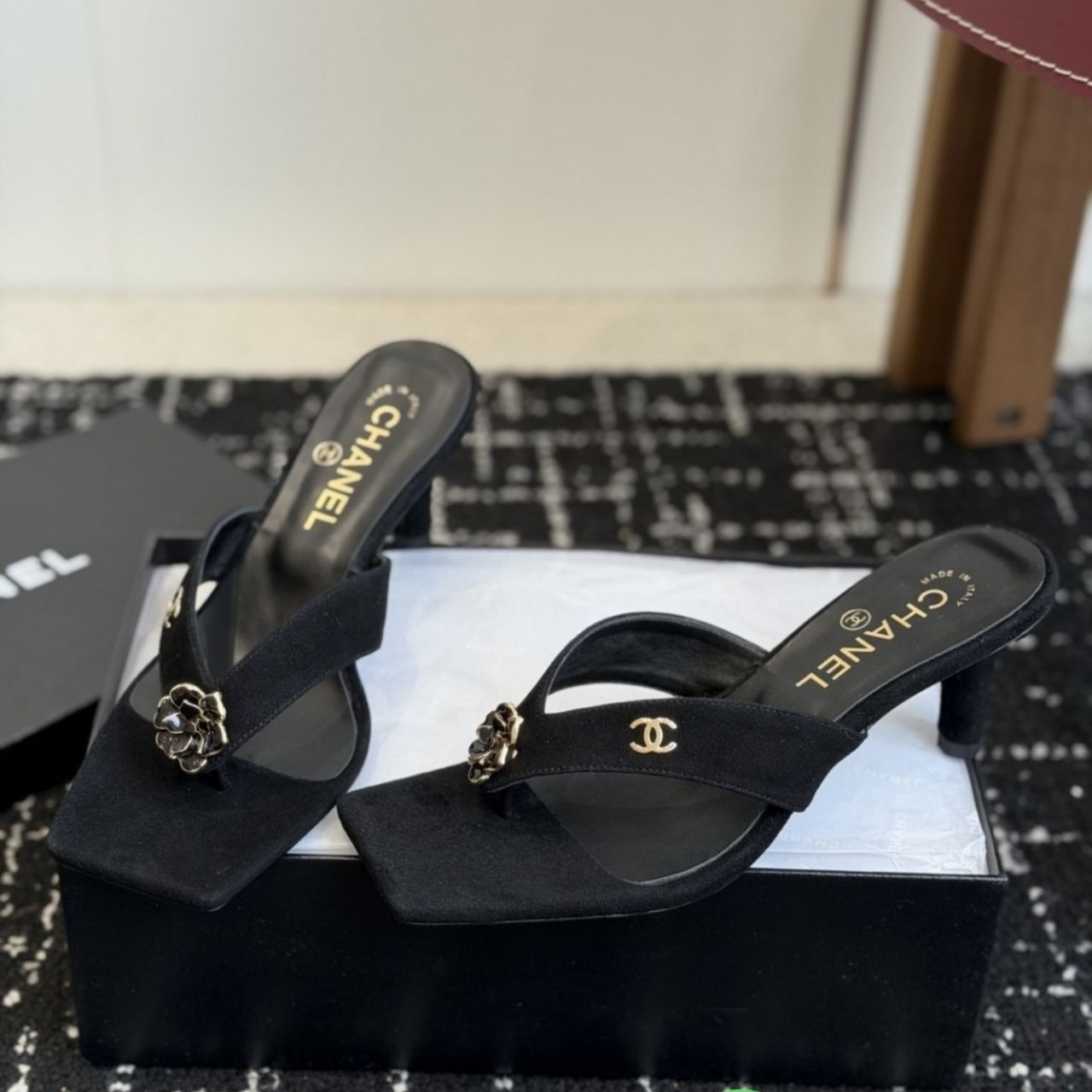 Chanel Jewel Camellia Heeled Thong Sandals Black - Image 3