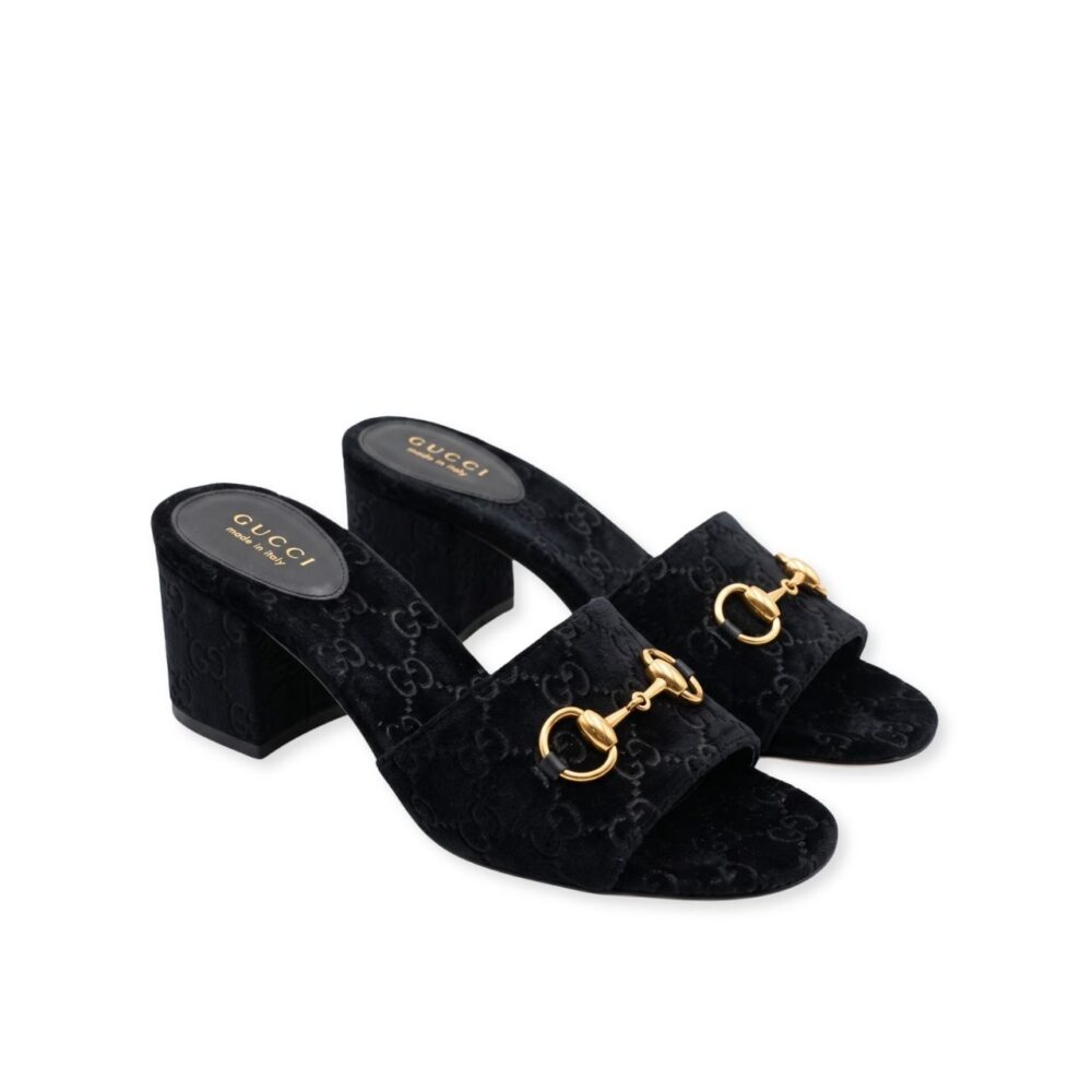Gucci GG Velvet Horsebit Slide Sandals Black