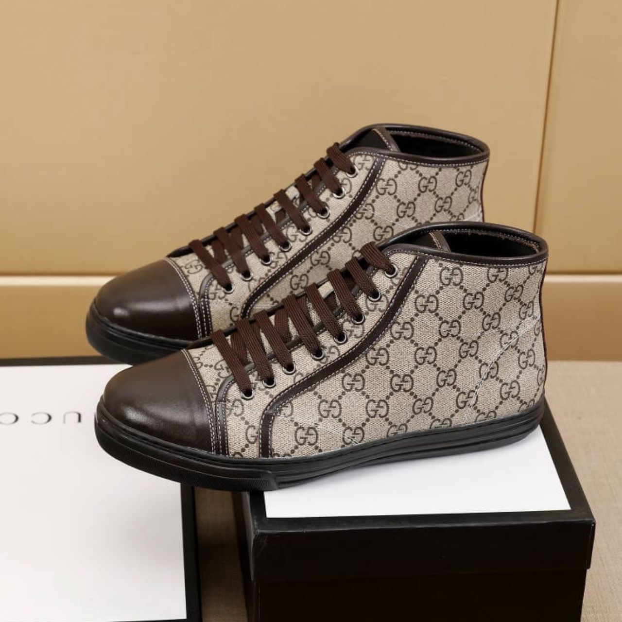 Gucci Brown Monogram High Top Canvas Sneakers - Image 6