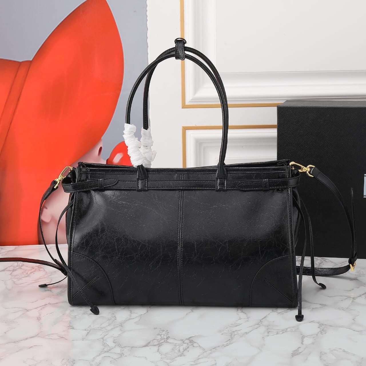 Prada Bonnie Large Leather Handbag Black 38cm 1BA433 2CYR F0002 V MOO - Image 8