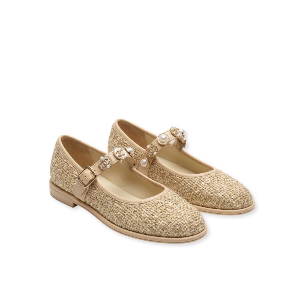 Chanel Mary Jane Ballet Flats Beige Tweed